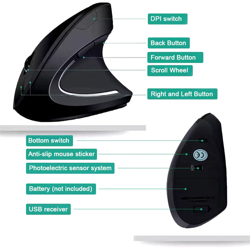 Vertical Mouse Ergonomic 2.4GHz Wireless Optical Mice 3 Adjustable DPI 800/1200/1600 6 Buttons for Laptop PC Computer Desktop
